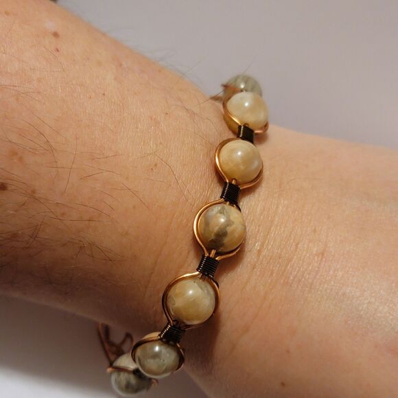 Handmade Wire Wrapped Cuff Sunstone Bead Bracelet - Picture 1 of 3